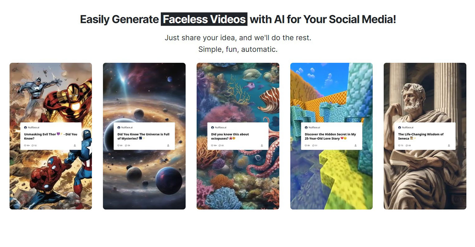 Easily Generate Faceless Videos with AI for Your Social Media | Nullface AI